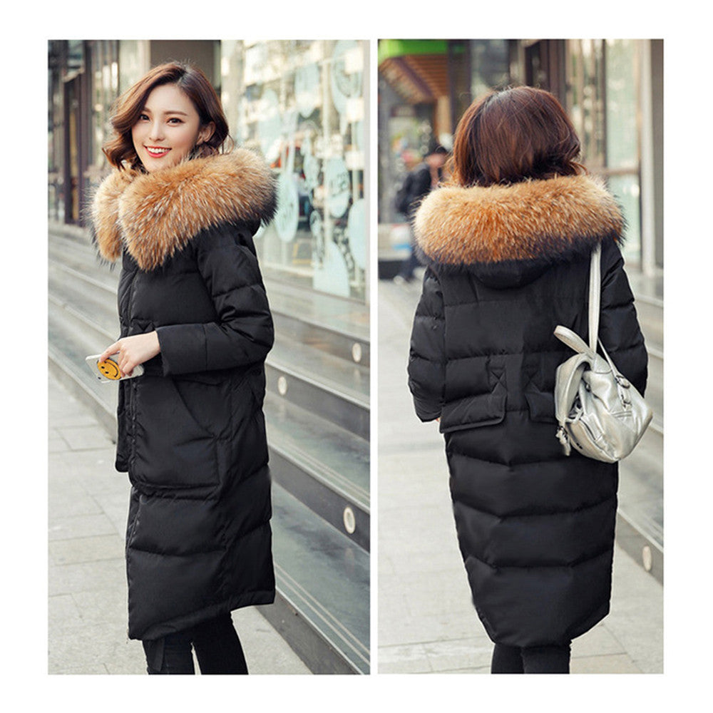 Winter Woman Fur Collar Thick Casual Middle Long Down Coat   black   S - Mega Save Wholesale & Retail - 3