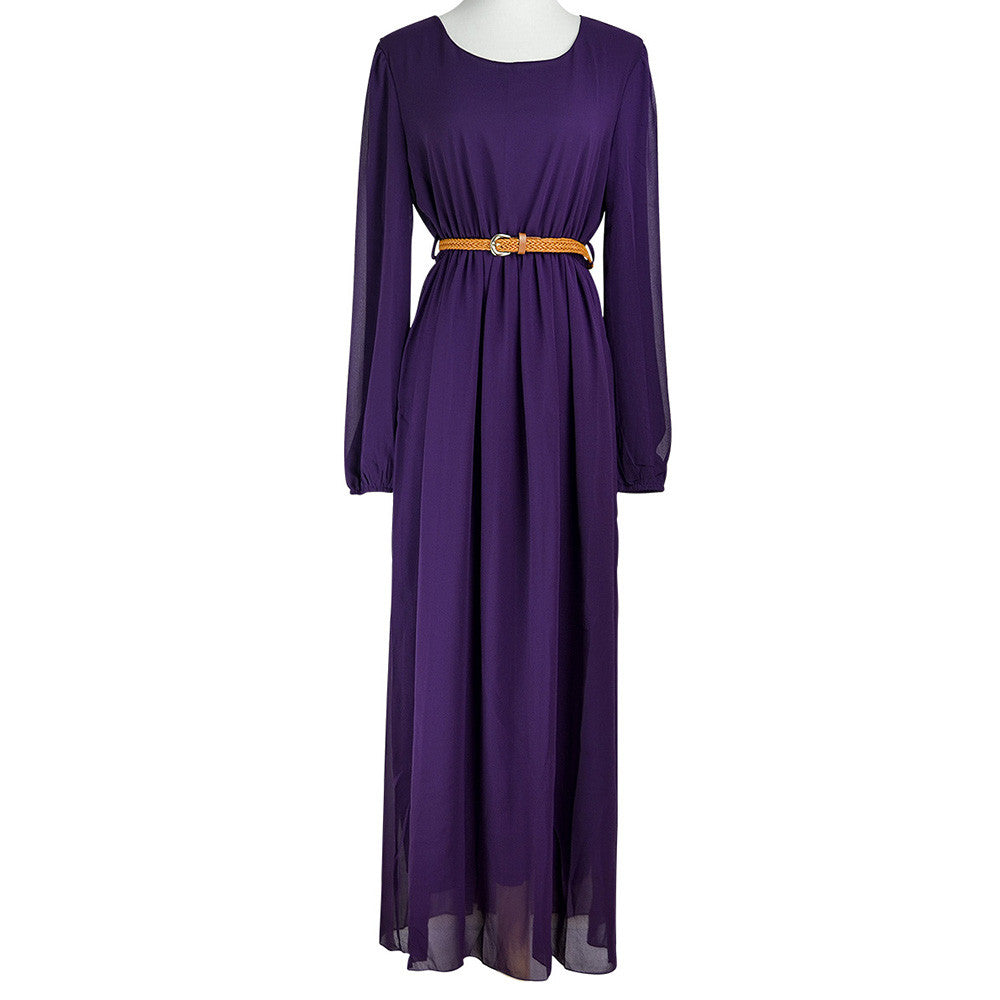 Muslim Chiffon Long Dress Sunday Clothes Robe with Belt   M
