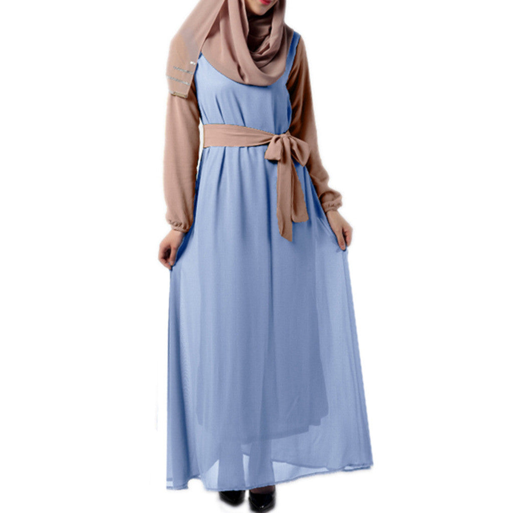 Summer Dress Muslim Splicing Bowknot Chiffon Dress   blue+light green - Mega Save Wholesale & Retail - 4