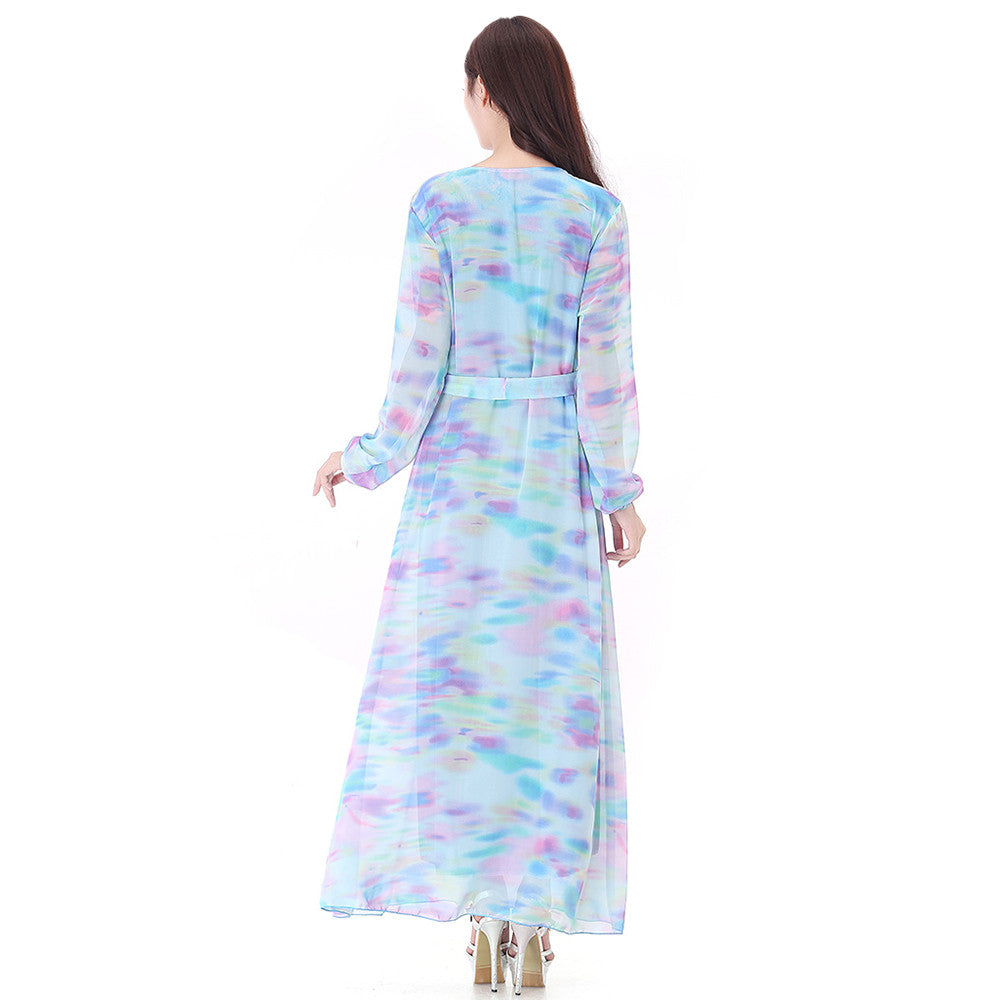 Muslim Robe Long Dress Long Sleeve Slim Chiffon   lake blue - Mega Save Wholesale & Retail - 3