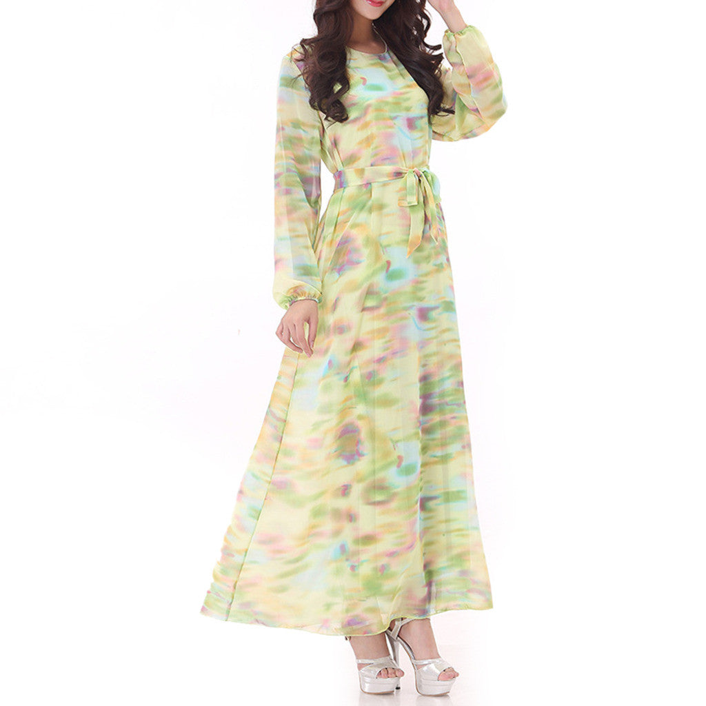 Muslim Robe Long Dress Long Sleeve Slim Chiffon   lime - Mega Save Wholesale & Retail - 2