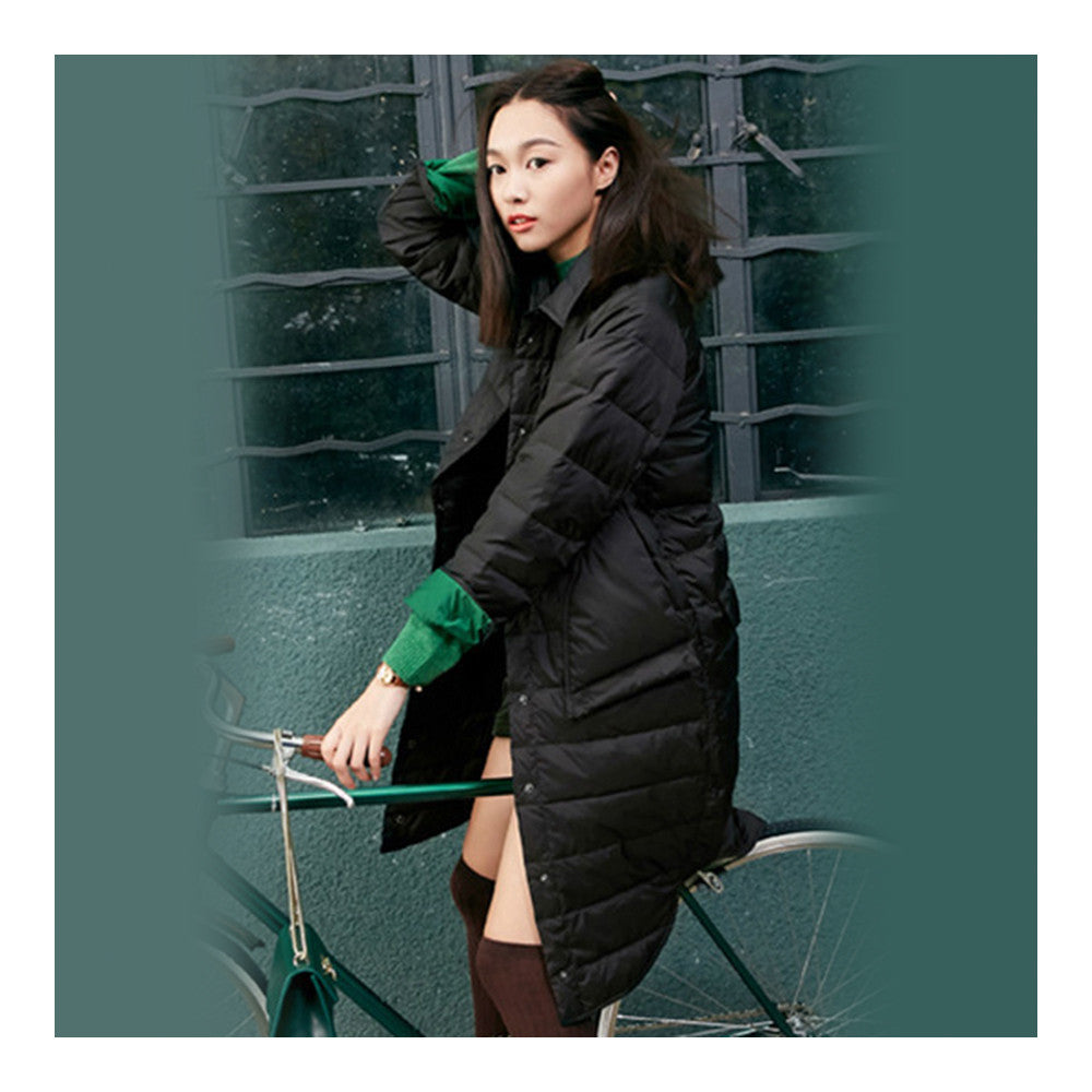 Middle Long Down Coat Woman Contrast Color Thin Light   black   S - Mega Save Wholesale & Retail - 3