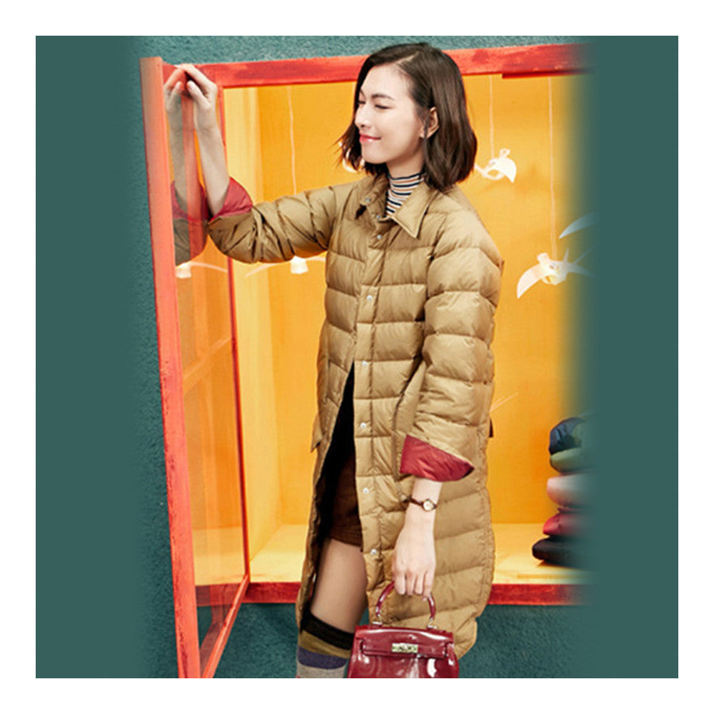 Middle Long Down Coat Woman Contrast Color Thin Light   golden camel   S - Mega Save Wholesale & Retail - 2