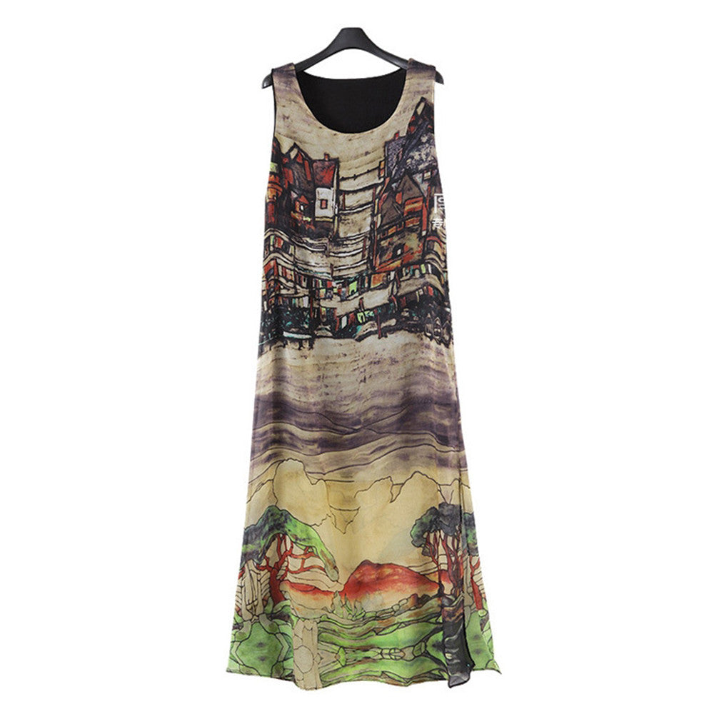 Plus Size Hand Painting Slim Chiffon Dress   L - Mega Save Wholesale & Retail - 1