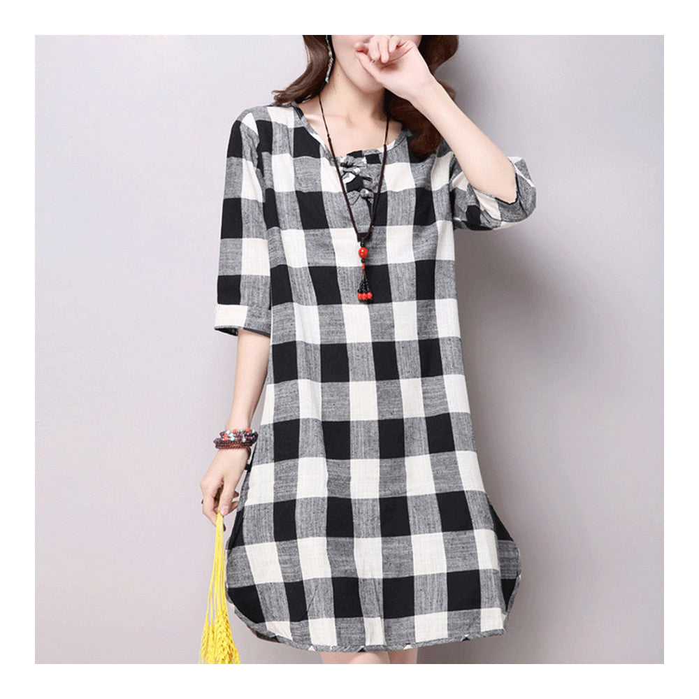 Plus Size Checks Plate Button Cotton&Flax Dress   black white   M - Mega Save Wholesale & Retail - 1