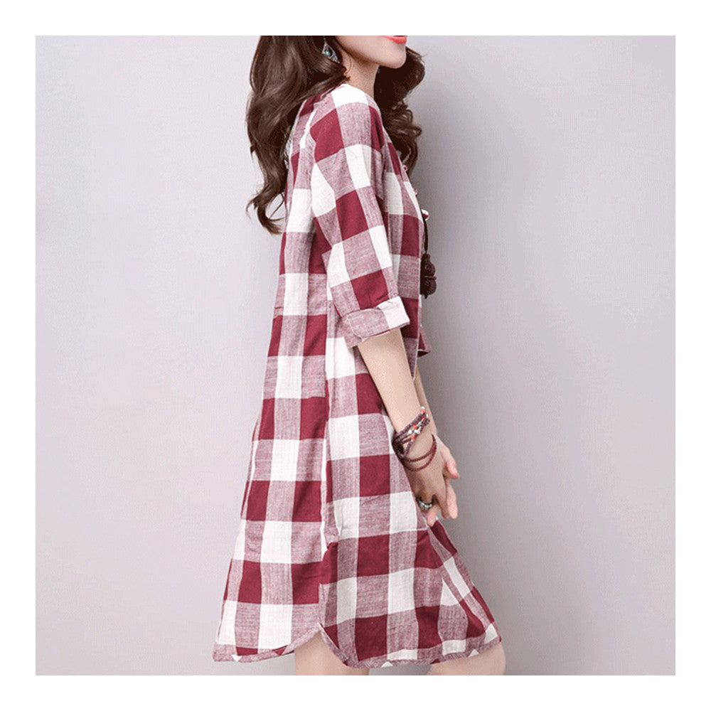 Plus Size Checks Plate Button Cotton&Flax Dress   red white   M - Mega Save Wholesale & Retail - 2