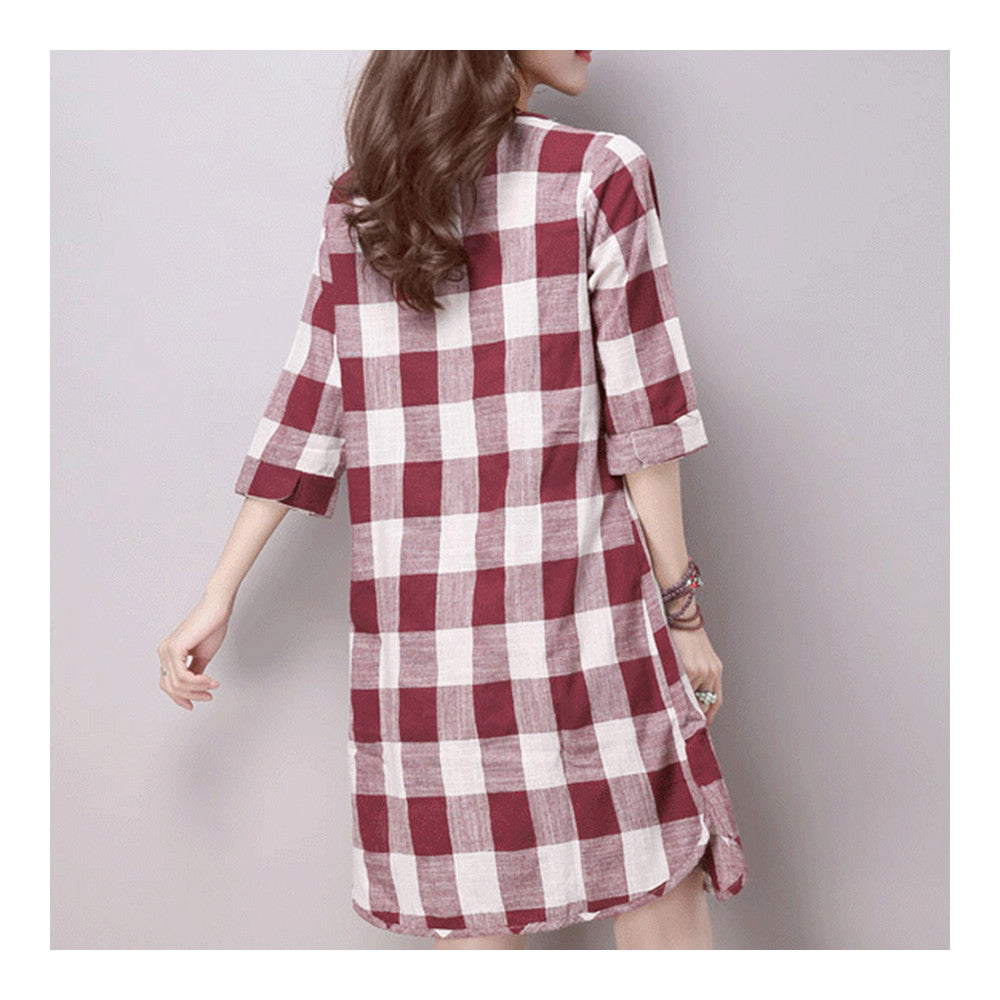 Plus Size Checks Plate Button Cotton&Flax Dress   red white   M - Mega Save Wholesale & Retail - 3