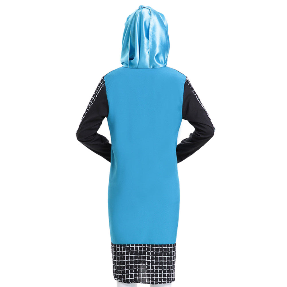 Muslim Checks Splicing Long Sleeve Short Dress   lake blue - Mega Save Wholesale & Retail - 3