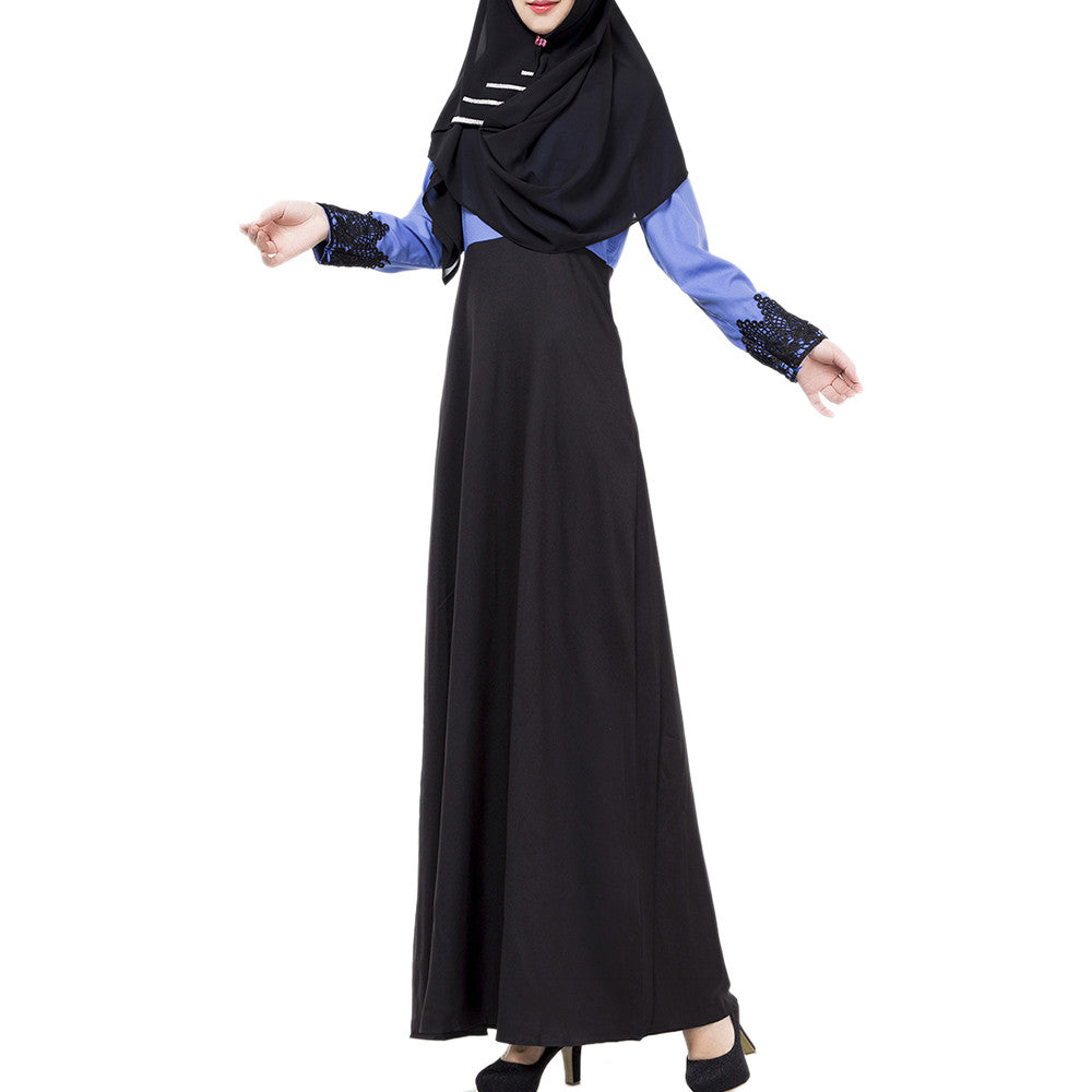 Muslim Motley Loose Long Dress Long Sleeve   blue    M