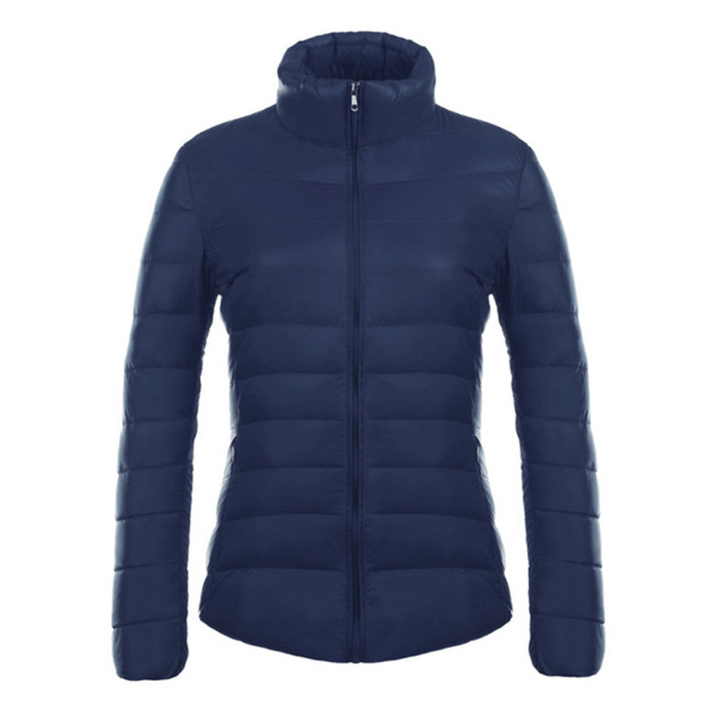 Woman Stand Collar Thin Light Down Coat Slim   navy   S - Mega Save Wholesale & Retail - 1