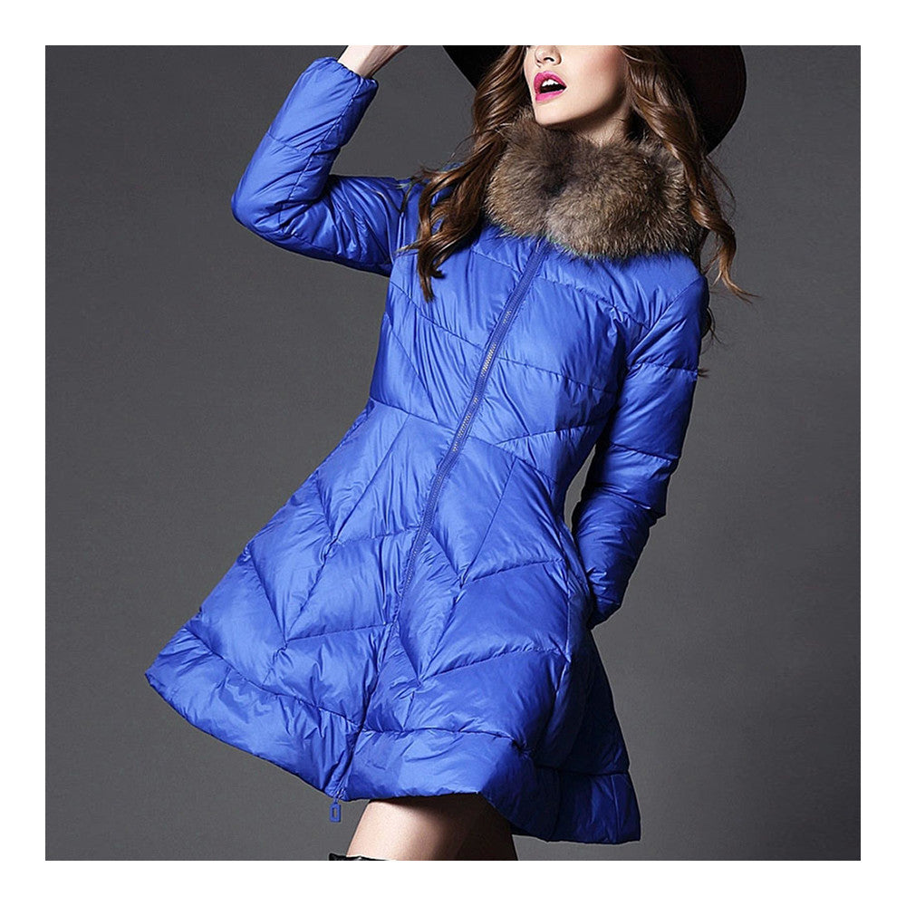 Fake Racoon Fur Collar Slim Long Down Coat   blue   S - Mega Save Wholesale & Retail - 2