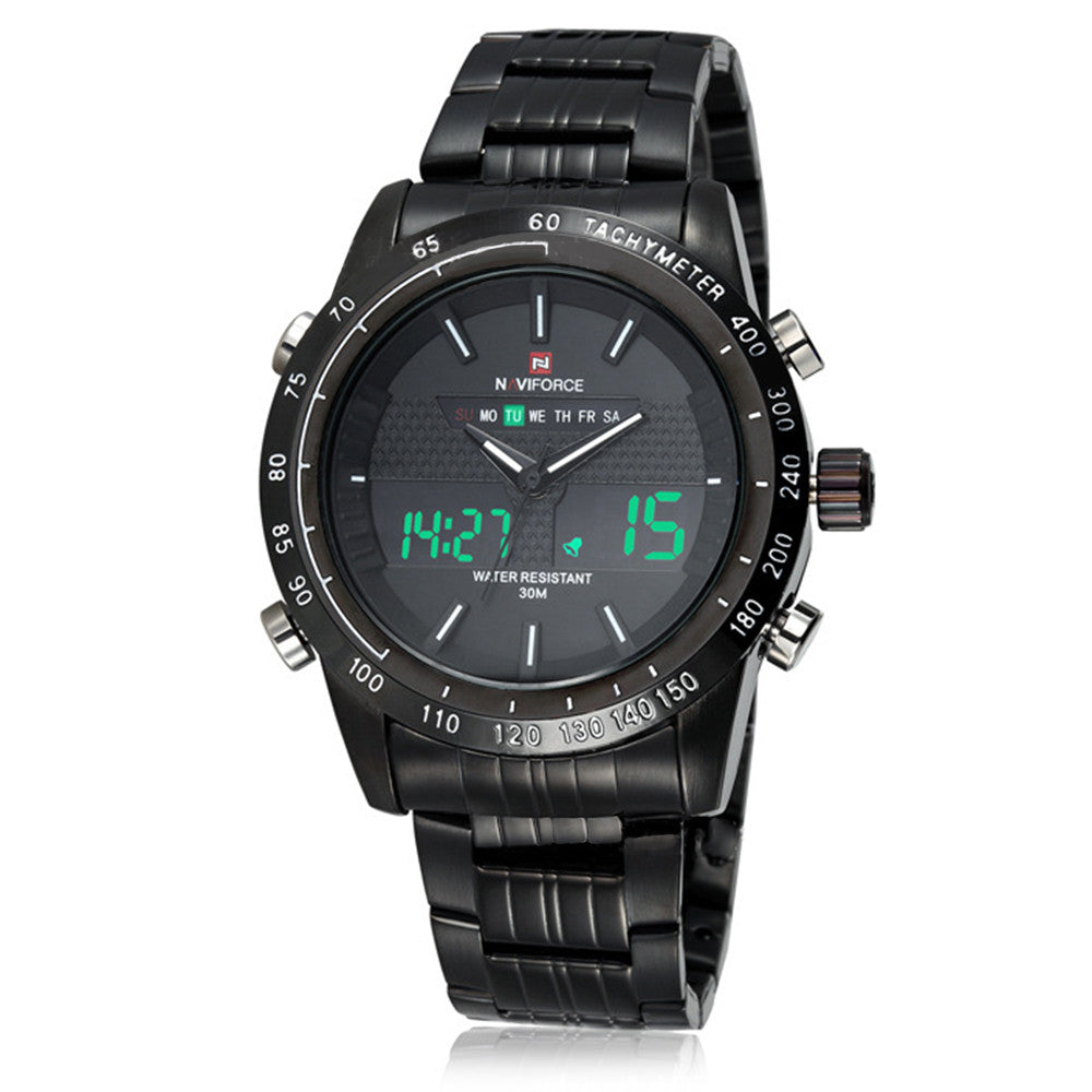 Naviforce Men Waterproof Sports Casual Watch LED Dual Dispkay Quartz     black shell black surface white scale - Mega Save Wholesale & Retail - 1