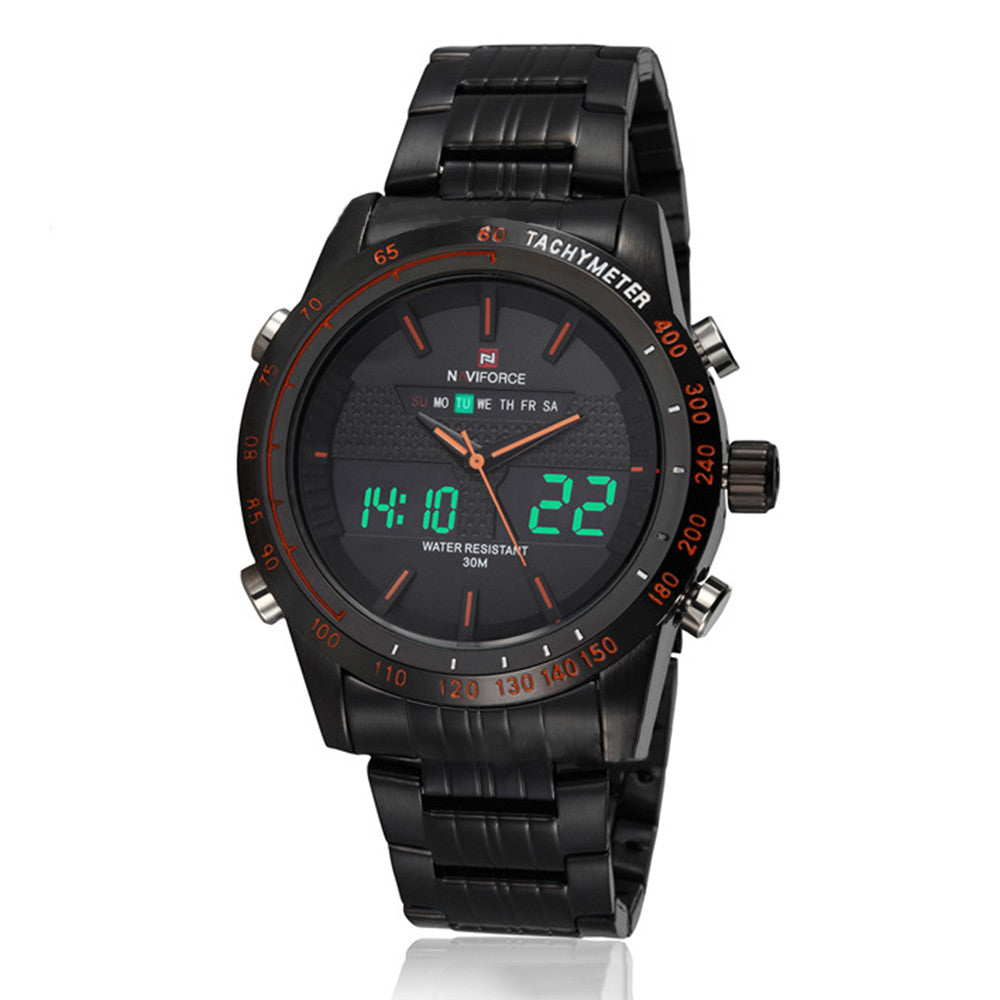 Naviforce Men Waterproof Sports Casual Watch LED Dual Dispkay Quartz     black shell black surface orange scale - Mega Save Wholesale & Retail - 1