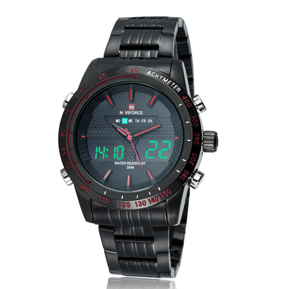 Naviforce Men Waterproof Sports Casual Watch LED Dual Dispkay Quartz    black shell black surface red scale - Mega Save Wholesale & Retail - 1