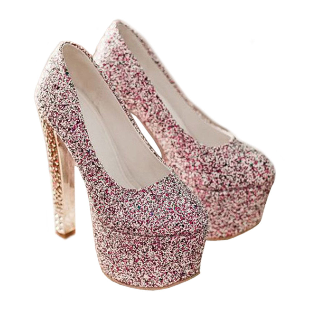 Thick Heel Super High Platform Low-cut Thin Shoes Colorful Paillette  red - Mega Save Wholesale & Retail