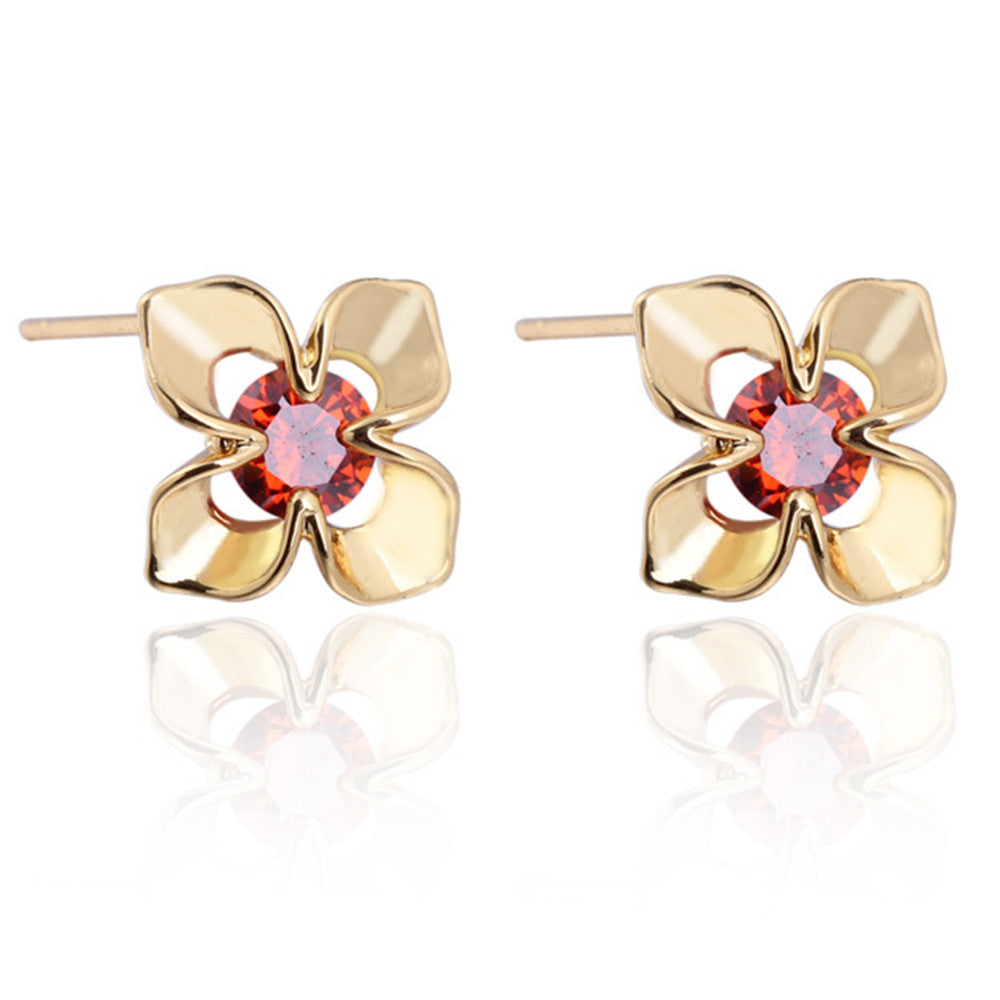 Flower 18K Gold Galvanized Austrian Zircon Ear Studs    red - Mega Save Wholesale & Retail - 1