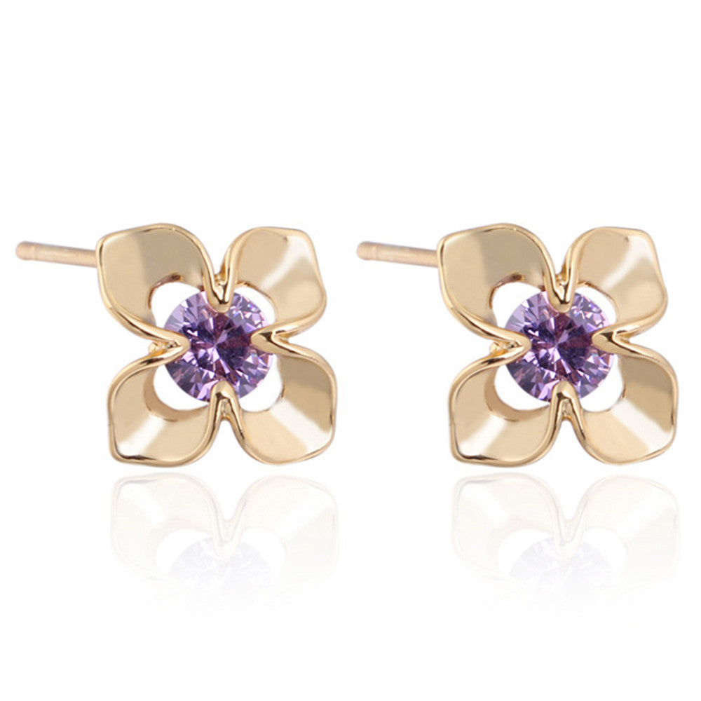 Flower 18K Gold Galvanized Austrian Zircon Ear Studs    purple - Mega Save Wholesale & Retail - 1