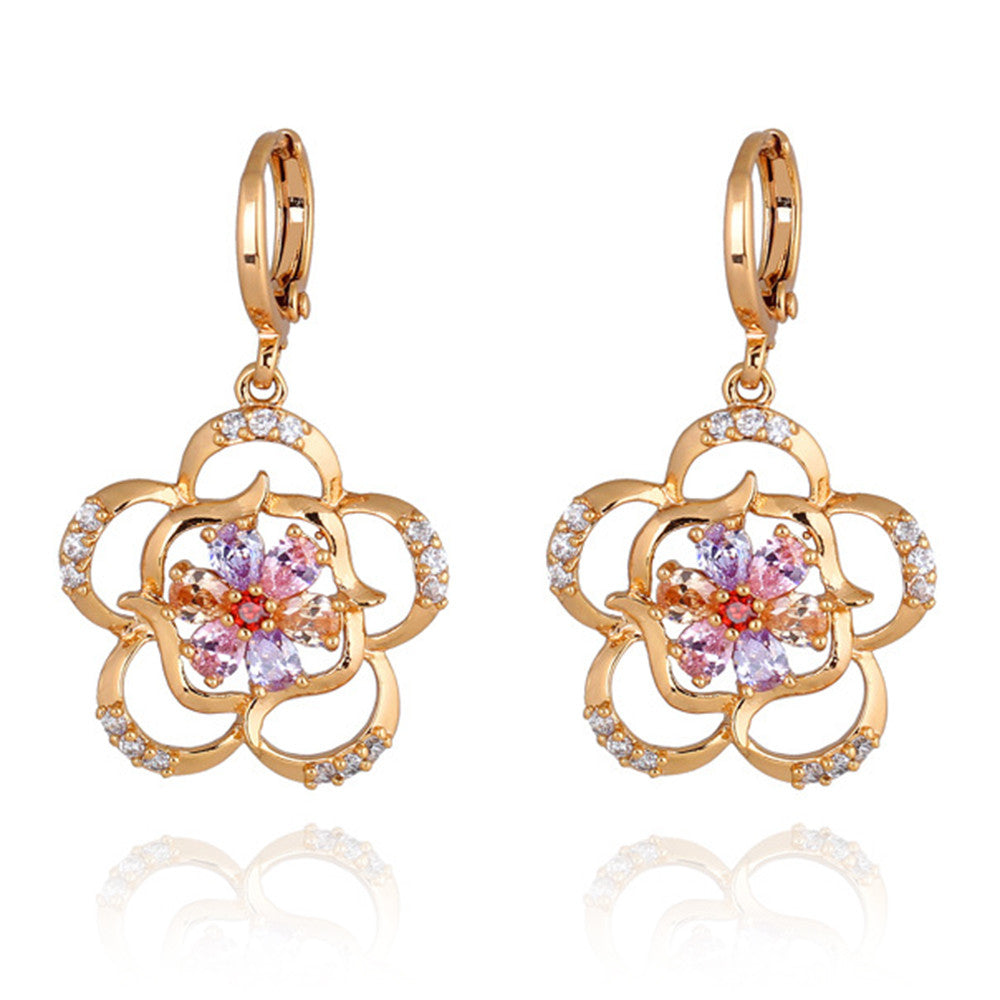 Flower Earrings 18K Gold Galvanized Zircon   pink - Mega Save Wholesale & Retail - 1
