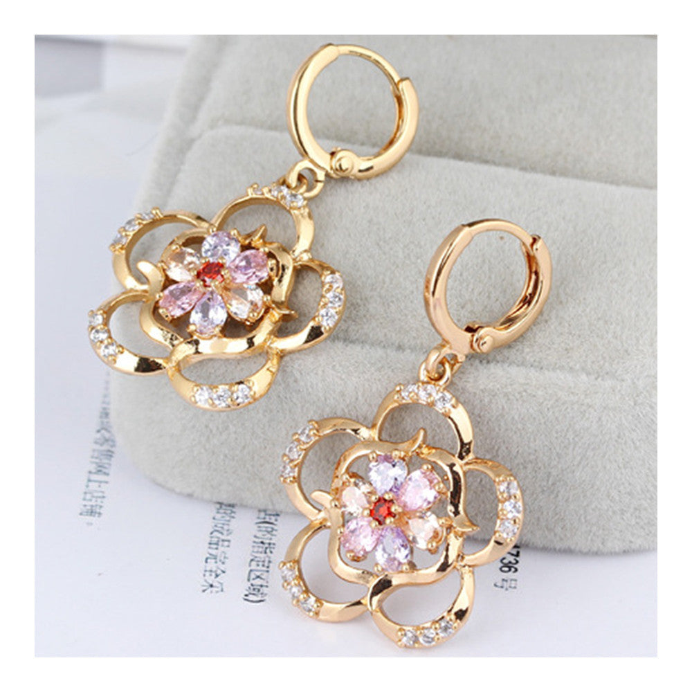 Flower Earrings 18K Gold Galvanized Zircon   pink - Mega Save Wholesale & Retail - 2