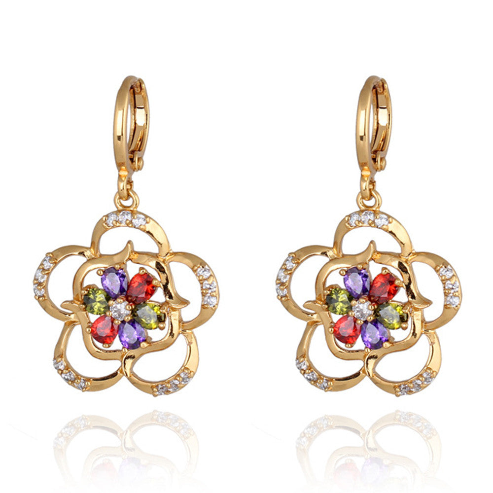 Flower Earrings 18K Gold Galvanized Zircon   red - Mega Save Wholesale & Retail - 1