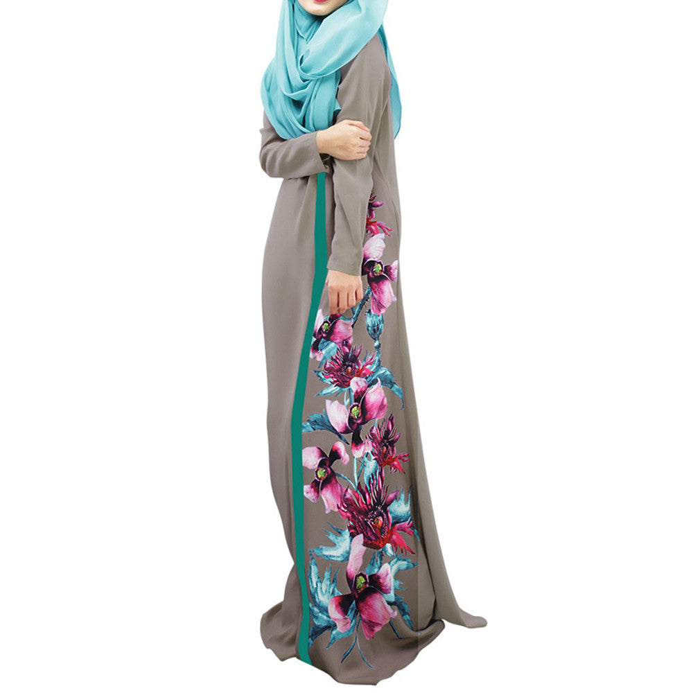 Muslim Long Dress Digital Printing Arabian Robe   grey   M