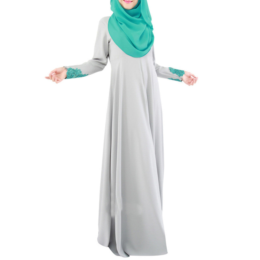 Muslim Women Garments Long Dress Lace Macrame Sunday Clothes  grey  M - Mega Save Wholesale & Retail - 1