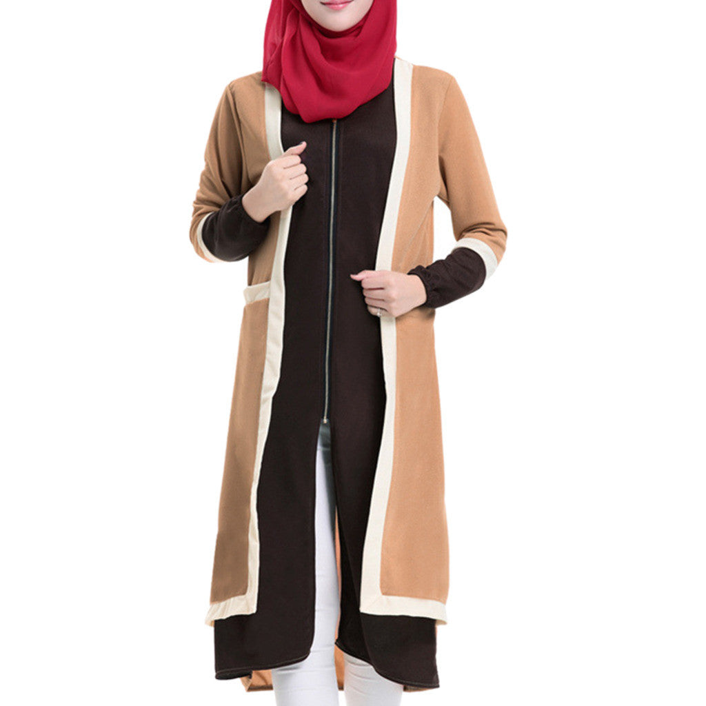 Muslim Short Dress Long Sleeve Knit Fake 2pcs Suit   coffee - Mega Save Wholesale & Retail - 1