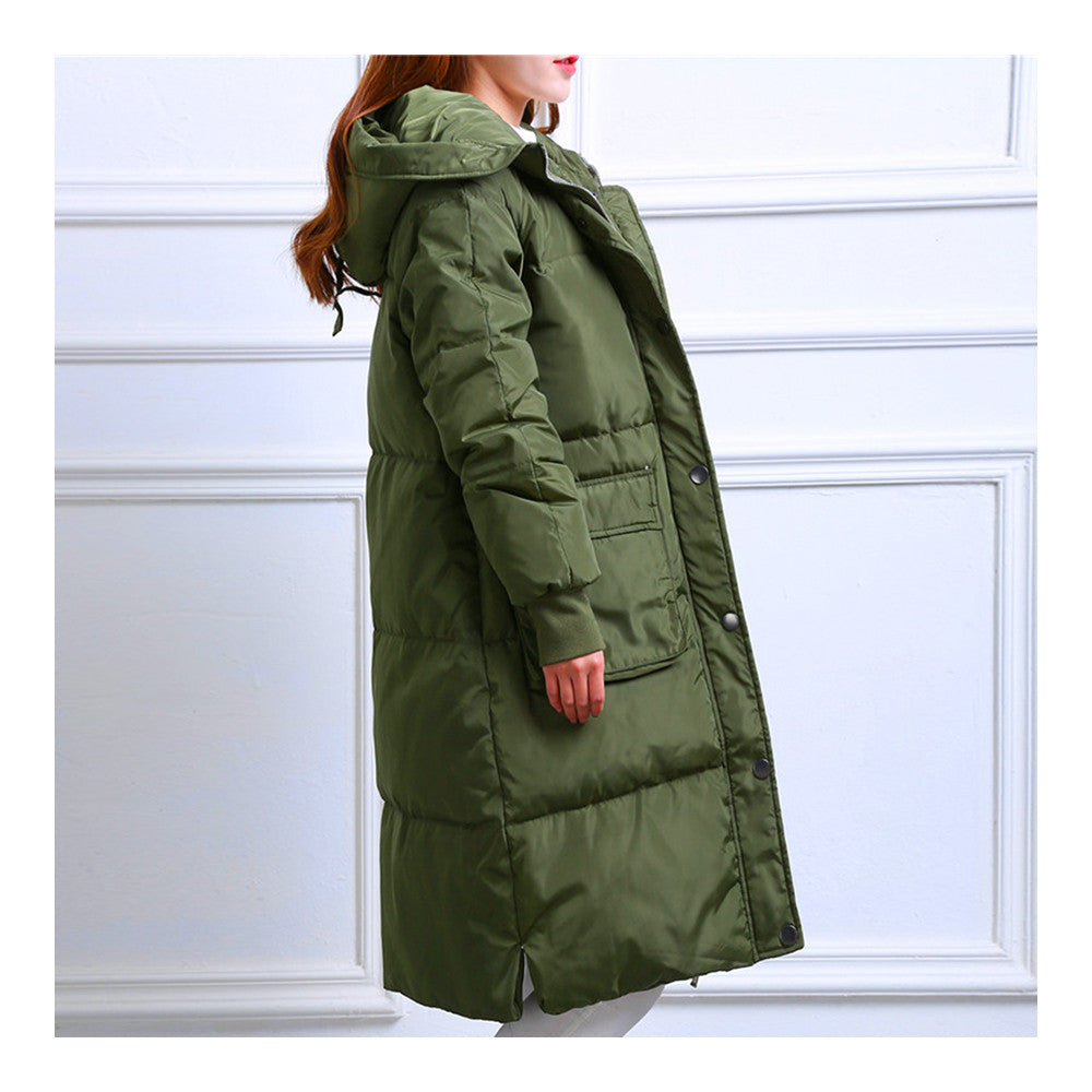 Winter Hoodied Loose Middle Long Down Coat    army green   S - Mega Save Wholesale & Retail - 2