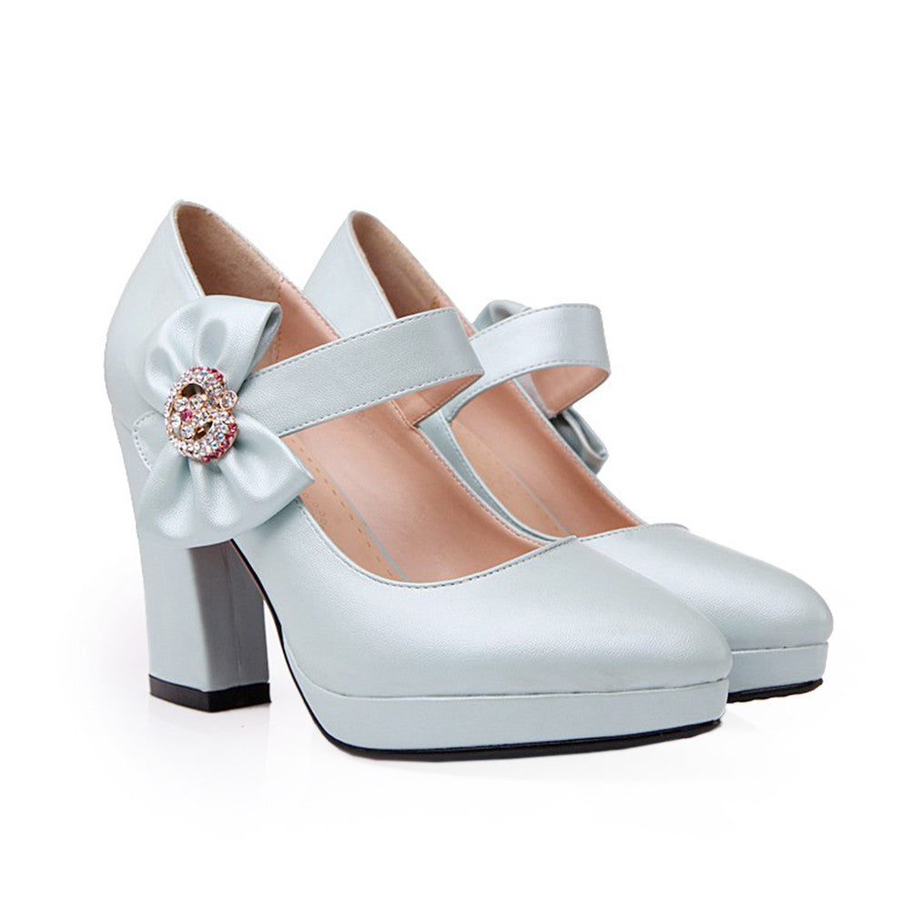 Platform High Thick Heel Bowknot Pointed Thin Shoes  blue - Mega Save Wholesale & Retail