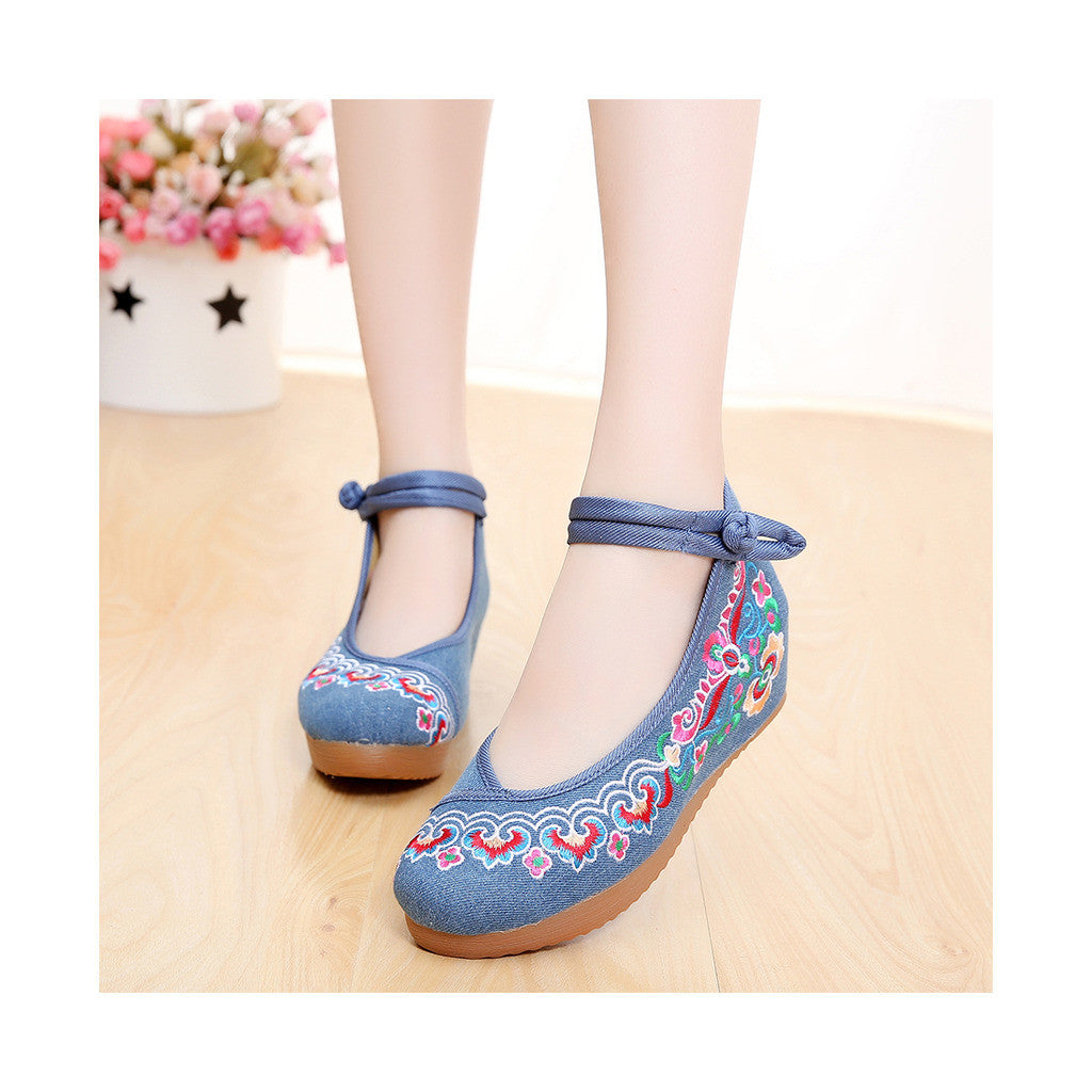 2016 Spring Embroidered Shoes High Heeled Shoes Square Dacne Manual Embroidery National Style Dancing Shoes   blue - Mega Save Wholesale & Retail