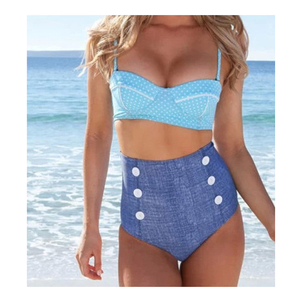 Swimwear Swimsuit Bikini Vintage High Waist Point   blue point  S - Mega Save Wholesale & Retail - 1