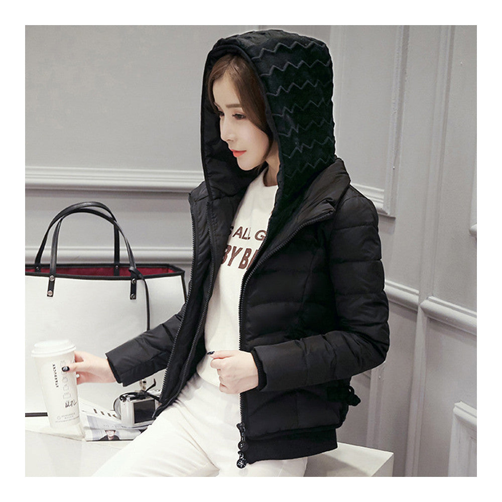 Hooded Down Coat Woman Slim Warm Screw Thread Chic   black    S - Mega Save Wholesale & Retail - 3