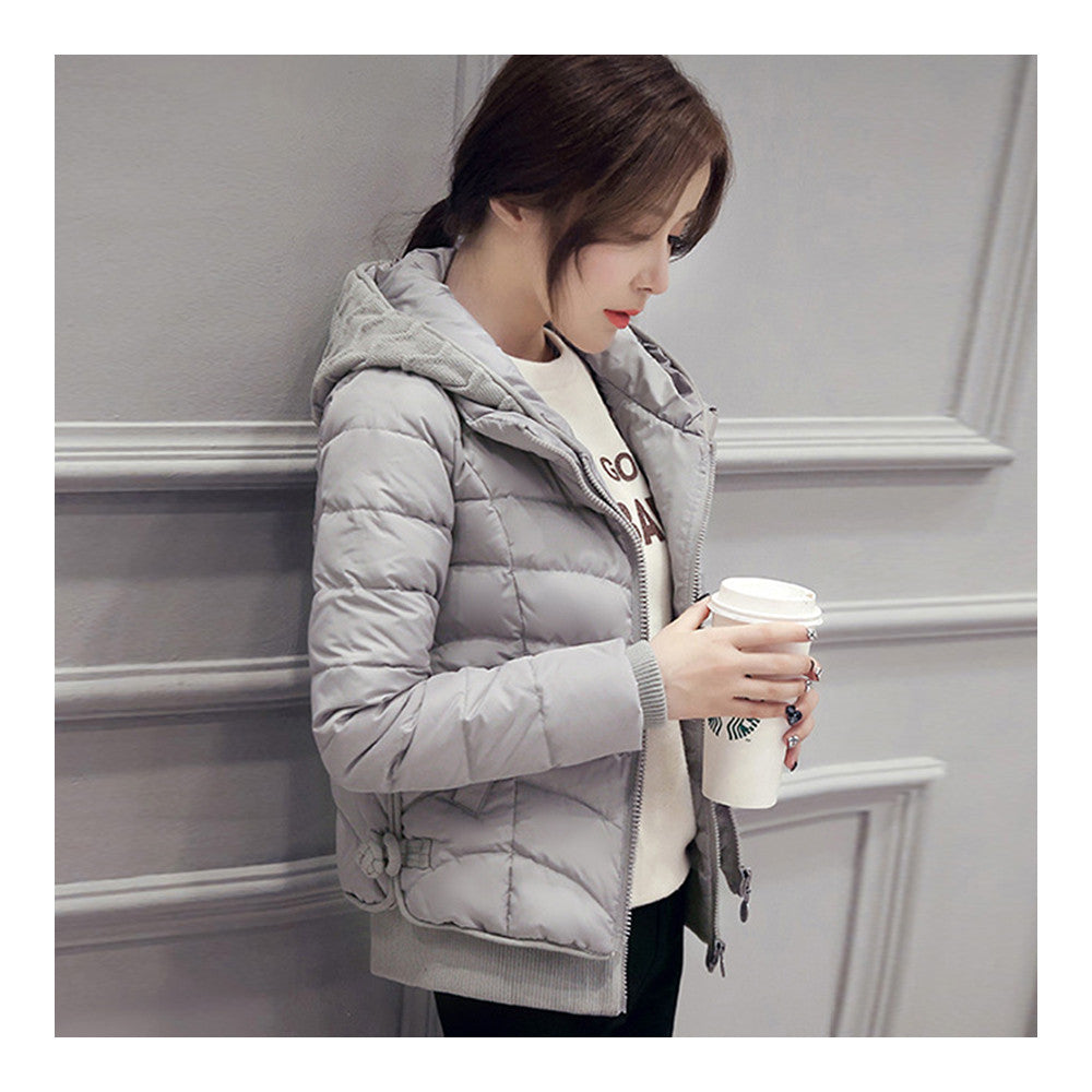 Hooded Down Coat Woman Slim Warm Screw Thread Chic   grey   S - Mega Save Wholesale & Retail - 2