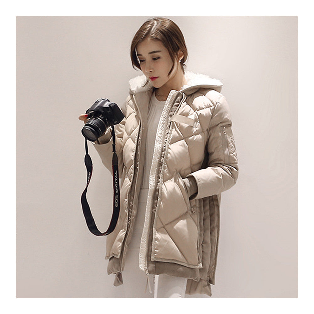 Down Coat Woman Middle Long Hoodied Slim Winter     beige    S - Mega Save Wholesale & Retail - 3