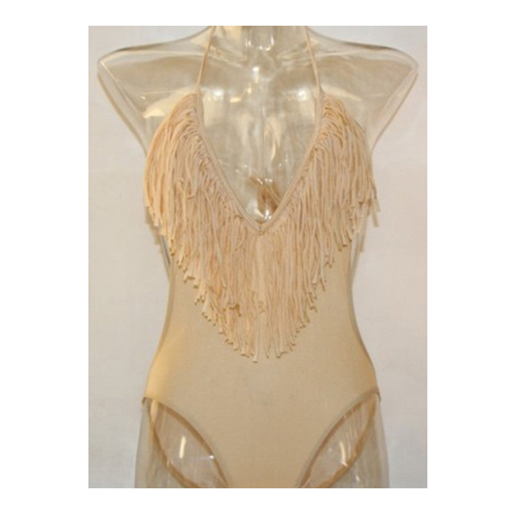 Sexy V Collar Swimwear Swimsuit One-piece Monokini SPA Bikini  beige  S - Mega Save Wholesale & Retail
