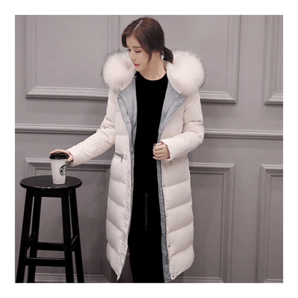 Winter Woman Racoon Fur Collar Long Down Coat   white   S - Mega Save Wholesale & Retail - 1