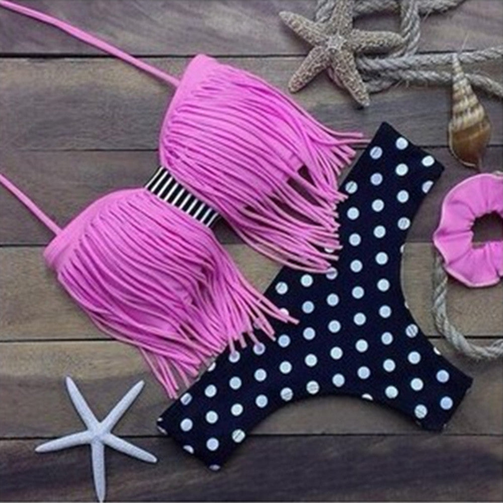 Tassel Bikini Leopard Print Swimwear Swimsuit Bathing Suit  rose red - Mega Save Wholesale & Retail - 1