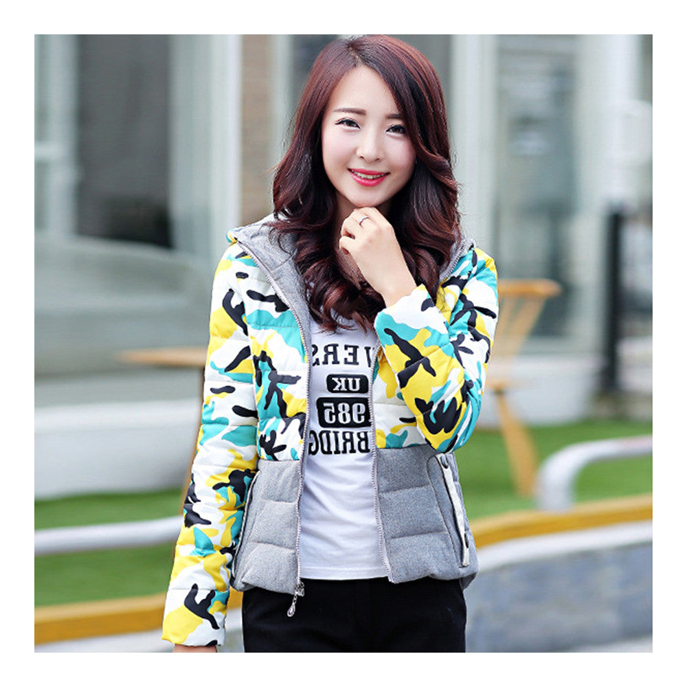 Light Thin Down Coat Hoodied Camouflage Short   yellow  M - Mega Save Wholesale & Retail - 2