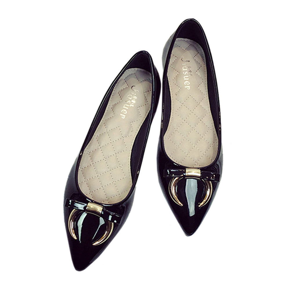 Ox Horn Metal Bowknot Pointed Low-cut Flat Thin Shoes  black  35 - Mega Save Wholesale & Retail