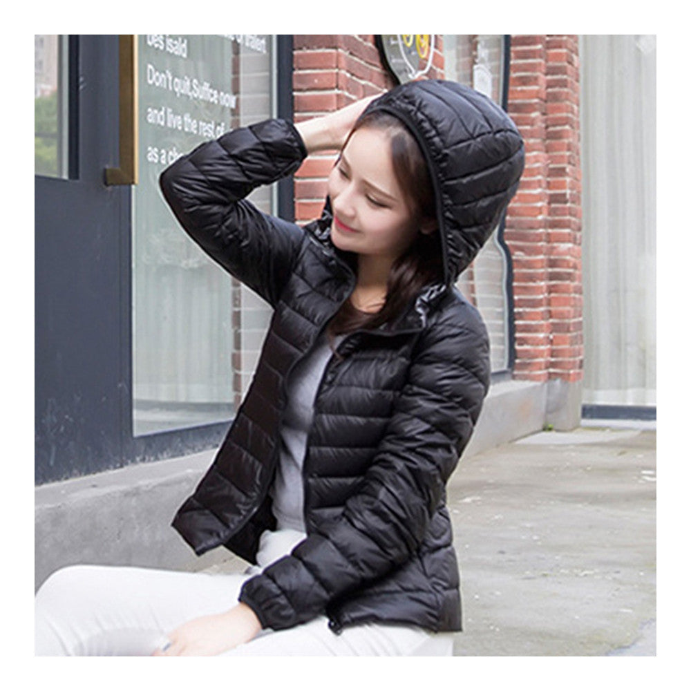 Woman Hooded Down Coat Short Thin Light Slim Plus Size   black    S - Mega Save Wholesale & Retail - 2