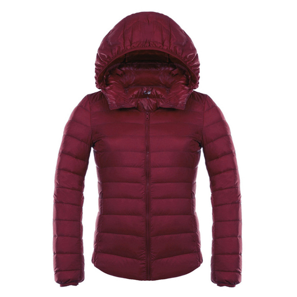 Woman Hooded Down Coat Short Thin Light Slim Plus Size   wine red    S - Mega Save Wholesale & Retail - 1
