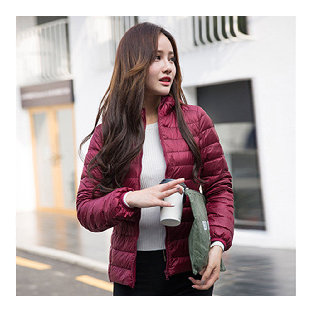 Woman Hooded Down Coat Short Thin Light Slim Plus Size   wine red    S - Mega Save Wholesale & Retail - 2