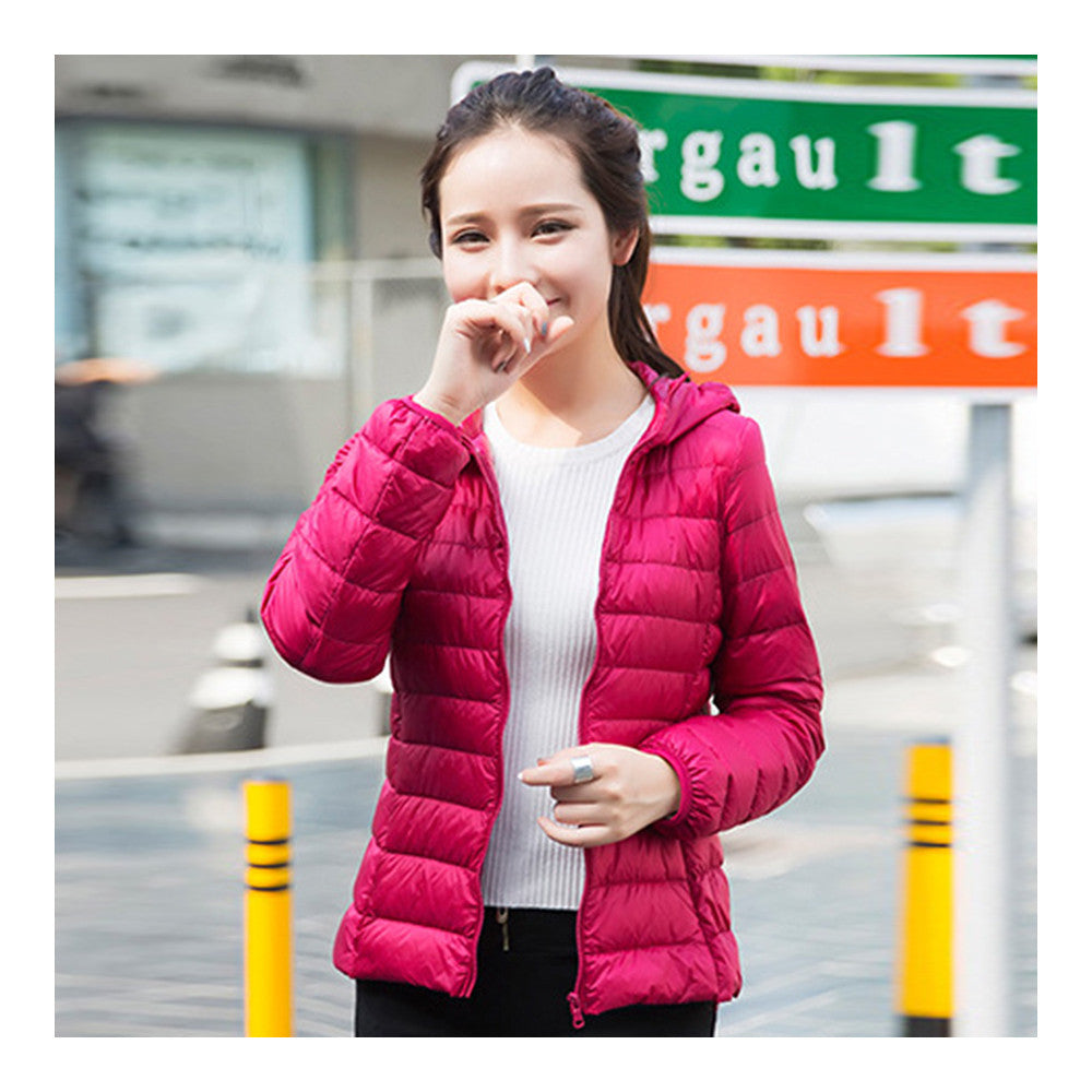 Woman Hooded Down Coat Short Thin Light Slim Plus Size   rose red    S - Mega Save Wholesale & Retail - 2