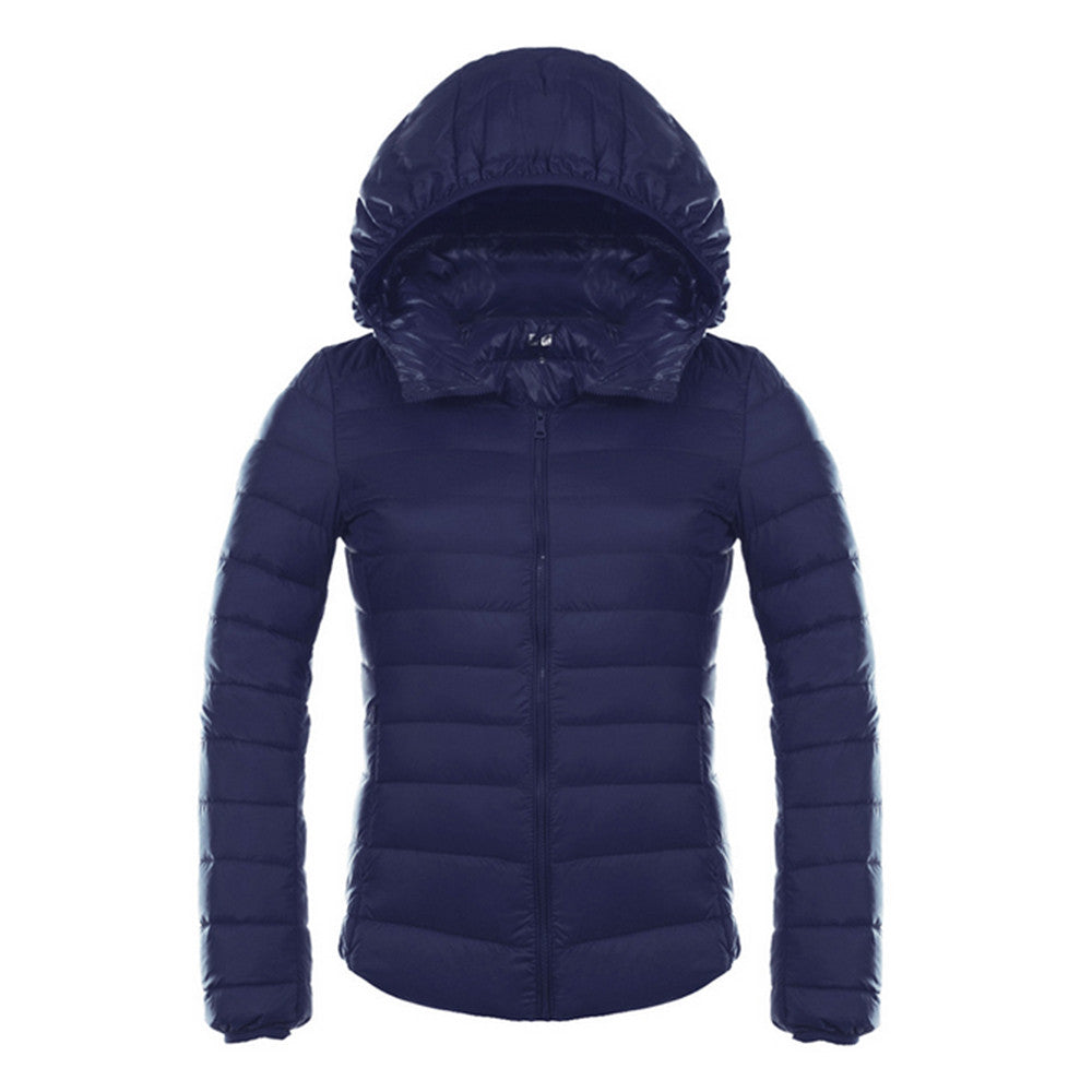 Woman Hooded Down Coat Short Thin Light Slim Plus Size   navy   S - Mega Save Wholesale & Retail - 1
