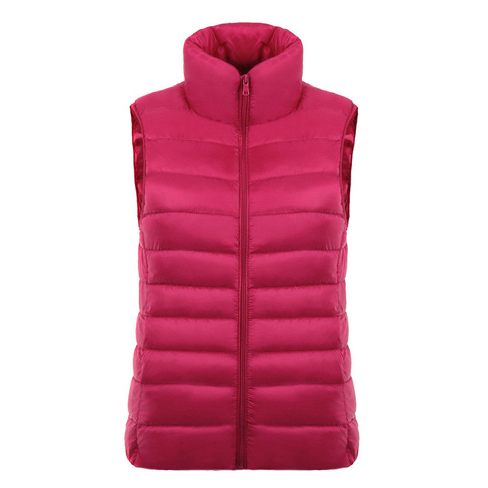 Down Coat Woman Short Slim Thin Light Plus Size Waistcoat   rose red   S - Mega Save Wholesale & Retail - 1