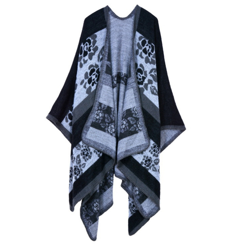Thick Long Decorative Cloak Tippet Scarf    flower black - Mega Save Wholesale & Retail