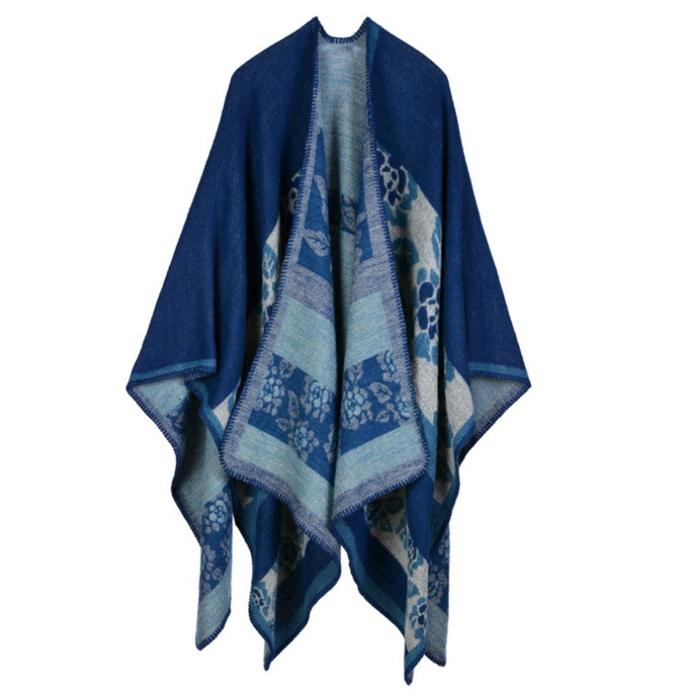 Thick Long Decorative Cloak Tippet Scarf    flower navy - Mega Save Wholesale & Retail