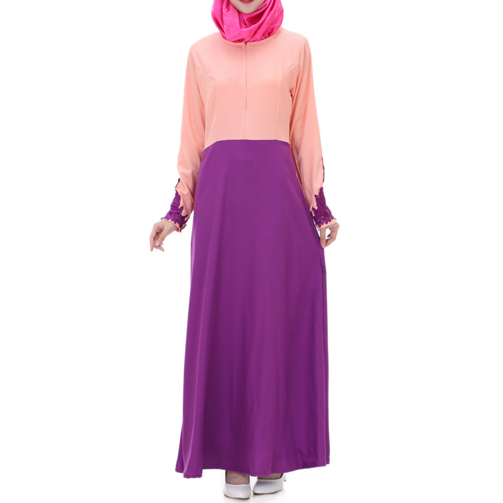 Muslim Motley Lace Cuff Long Dress  purple  M - Mega Save Wholesale & Retail - 1