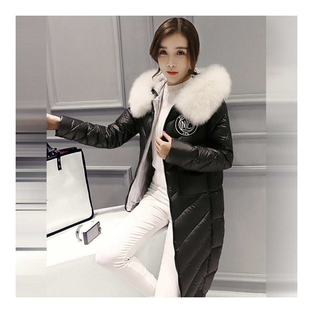 Thick Fox Fur Collar Woman Down Coat Warm Long  black    S - Mega Save Wholesale & Retail - 1
