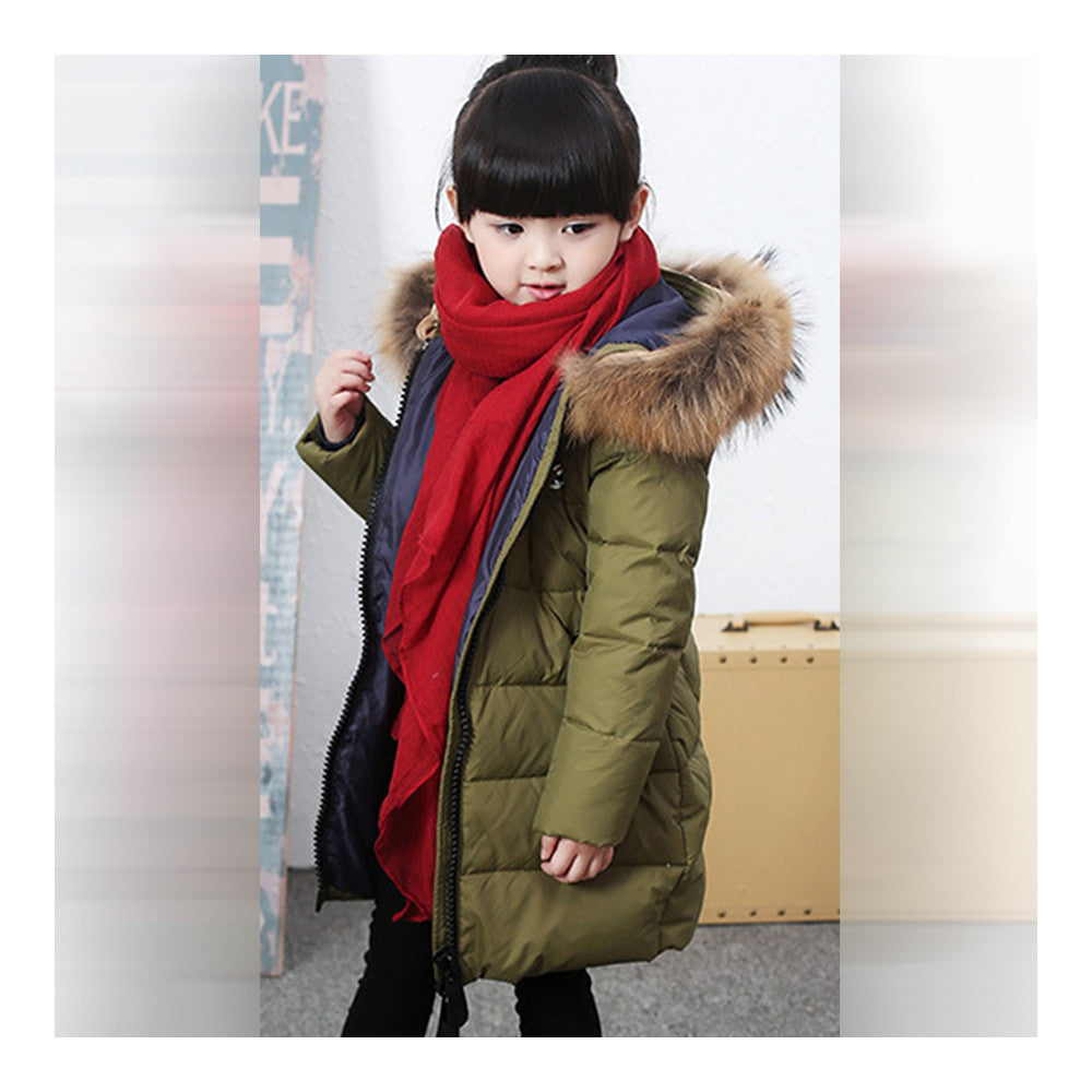 Child Winter Warm Middle Long Down Coat Racoon Fur Collar   army green    110cm - Mega Save Wholesale & Retail - 2